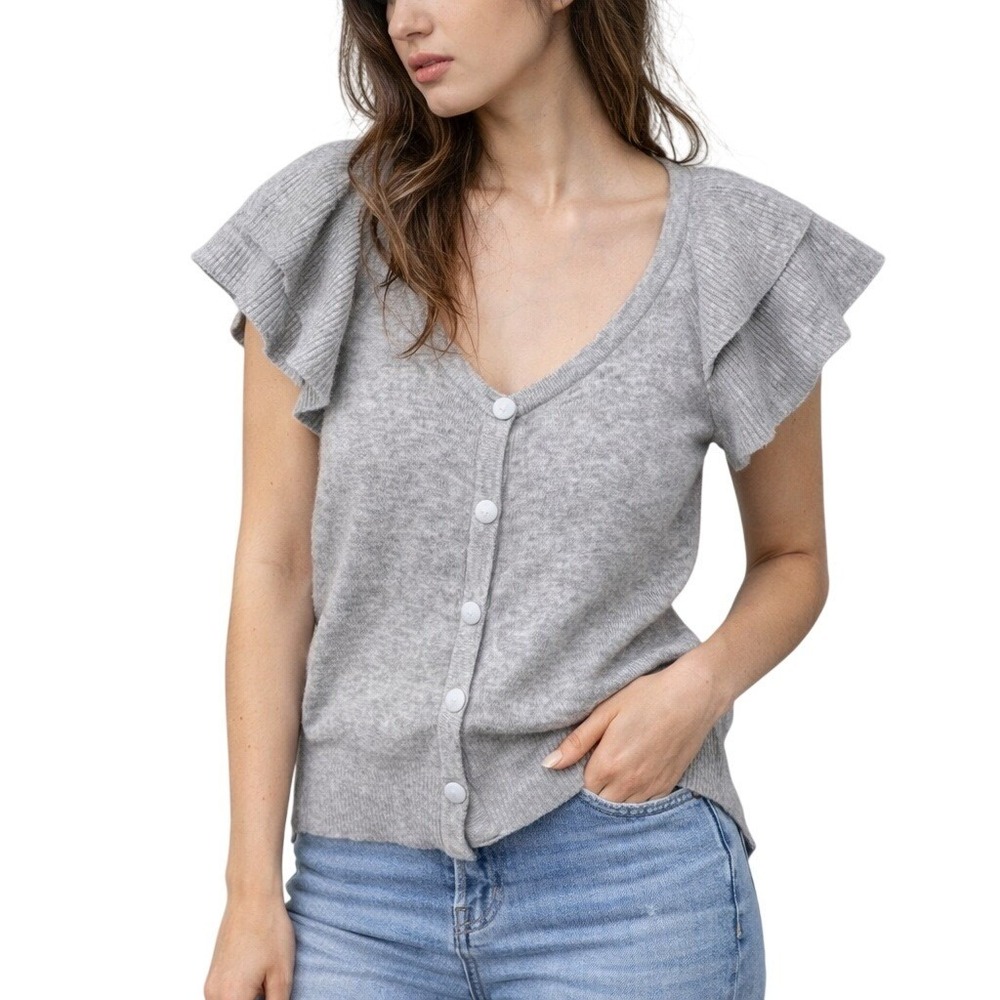 Gray‎ Angora Blend Ruffle Sleeve Cardigan Womens 6 Coquette Balletcore Romantic